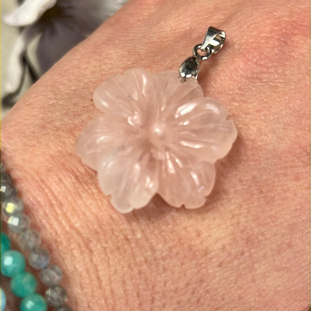 Rose Quartz Flower Pendant Sterling Silver