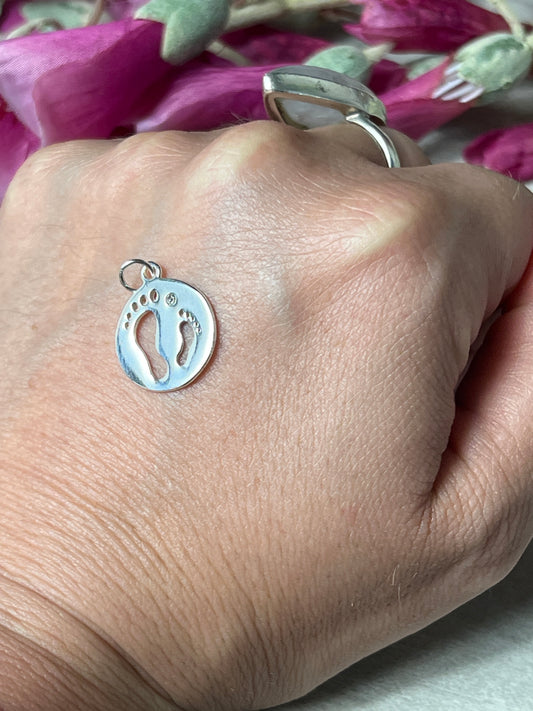 Baby Gift - Foot Print Feet 925 Sterling Silver Pendant Charm - New Baby / Reflexology