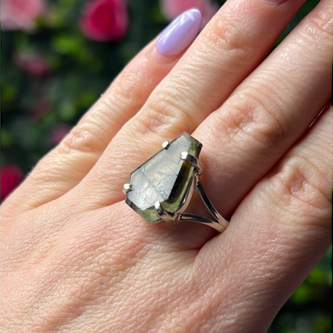 Prehnite & Epidote Coffin 925 Sterling Silver Ring - Size Q 1/2