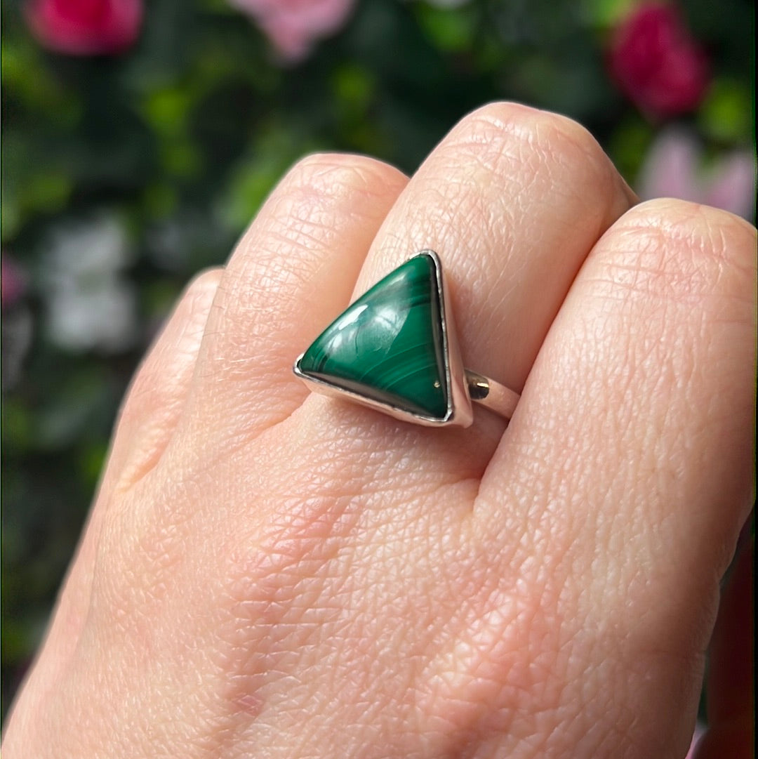 Malachite Triangle 925 Silver Ring -  Size N