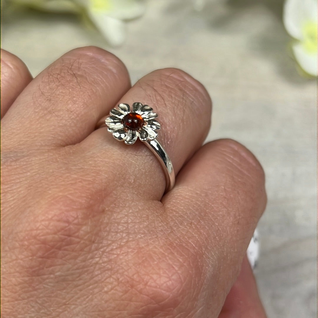 Amber Daisy Flower 925 Sterling Silver Ring - Size O 1/2 - P