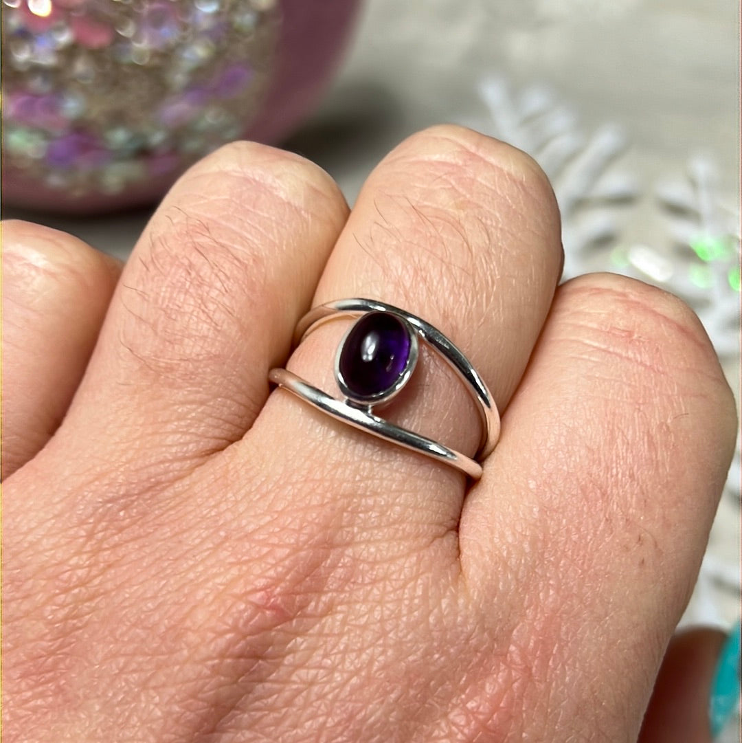 Amethyst Double Bar 925 Sterling Silver Ring - Size N 1/2