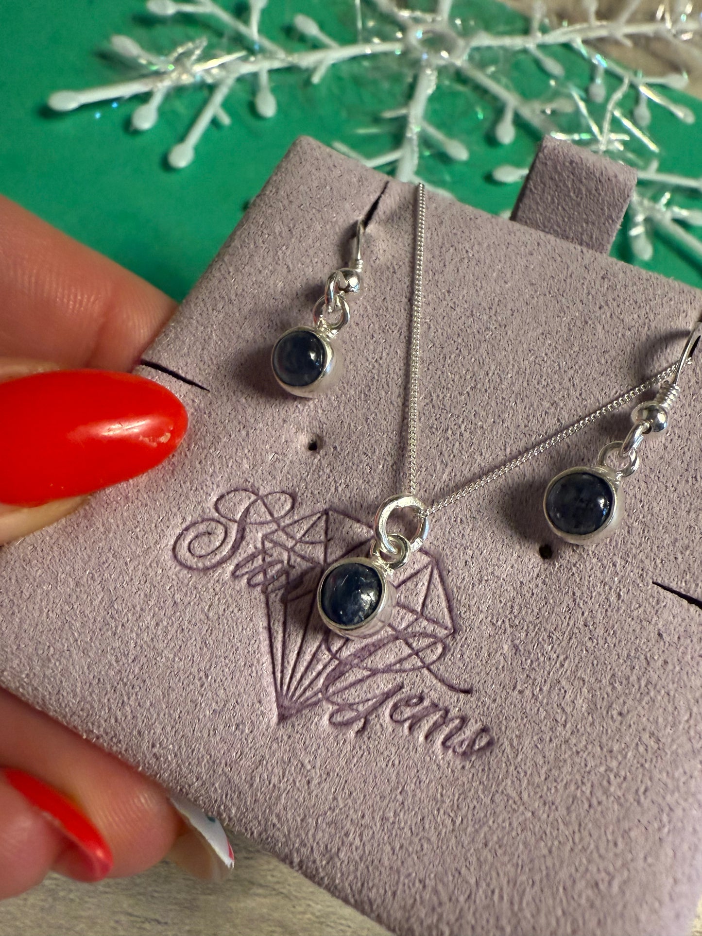 Blue Sapphire Sterling Silver Earring & Necklace Set