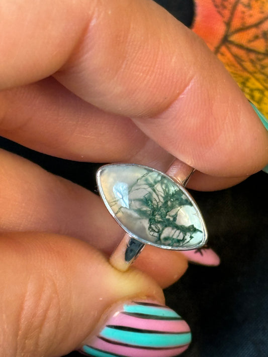 Moss Agate 925 Silver Ring - Size L 1/2