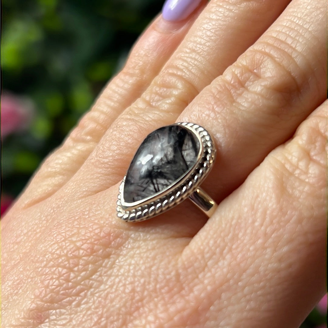 Black Rutilated Quartz 925 Sterling Silver Ring - Size S