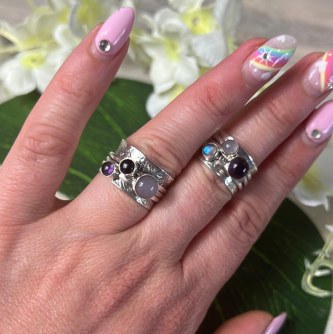 Trio Mix Fidget Spinner Ring - Sterling Silver 925 Size L 1/2