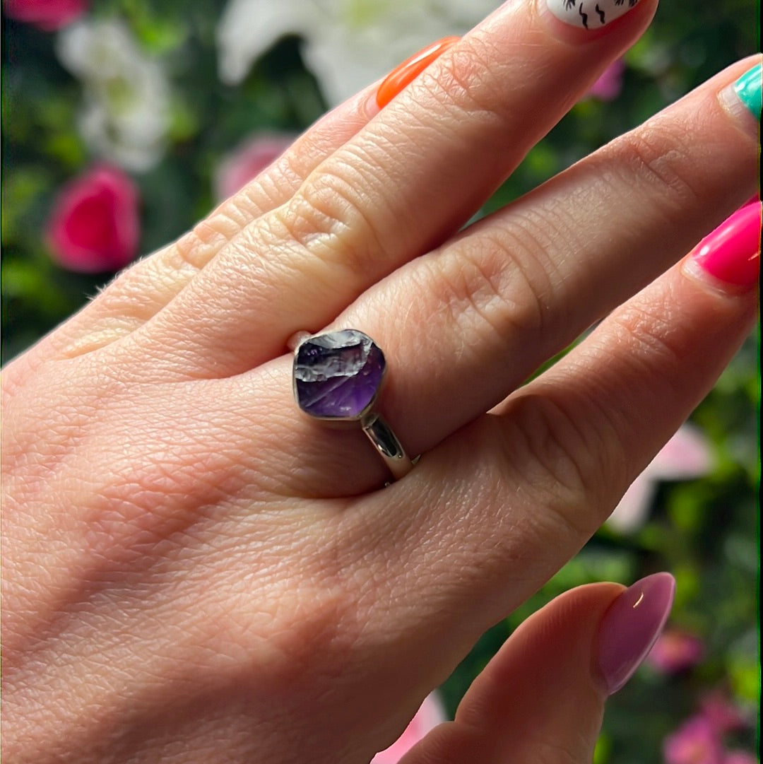 Amethyst Raw 925 Sterling Silver Ring - Size R 1/2