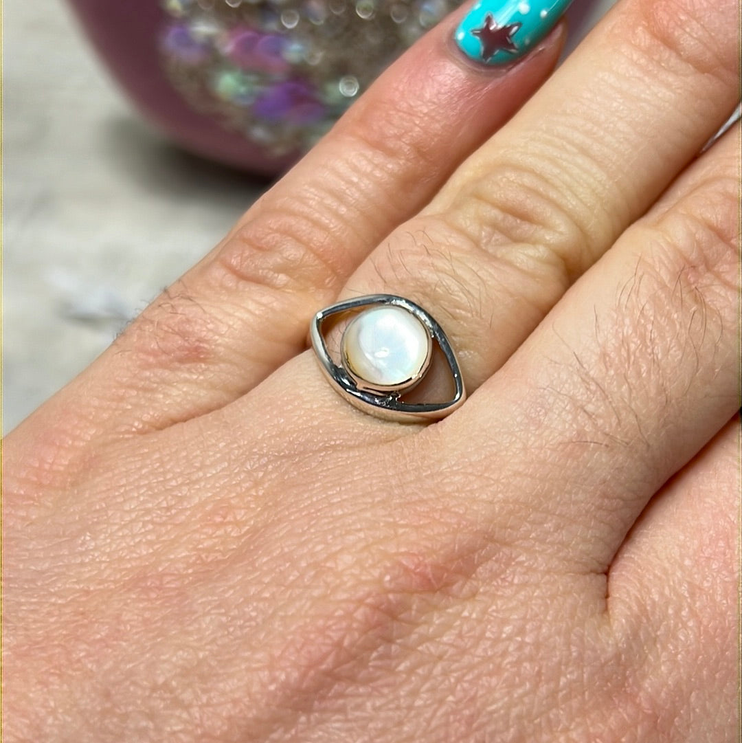 Mother of Pearl Shell Protective Evil Eye 925 Sterling Silver Ring - Size K