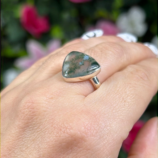 Moss Agate 925 Sterling Silver Ring - Size P 1/2 - Q