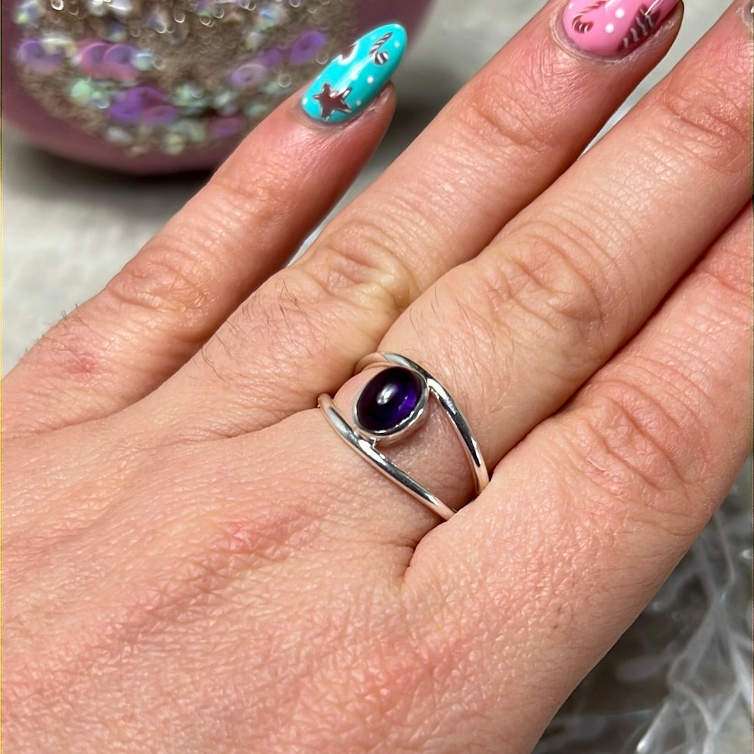 Amethyst Double Bar 925 Sterling Silver Ring - Size N 1/2