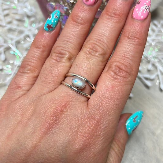 Moonstone Double Bar 925 Sterling Silver Ring - Size S 1/2