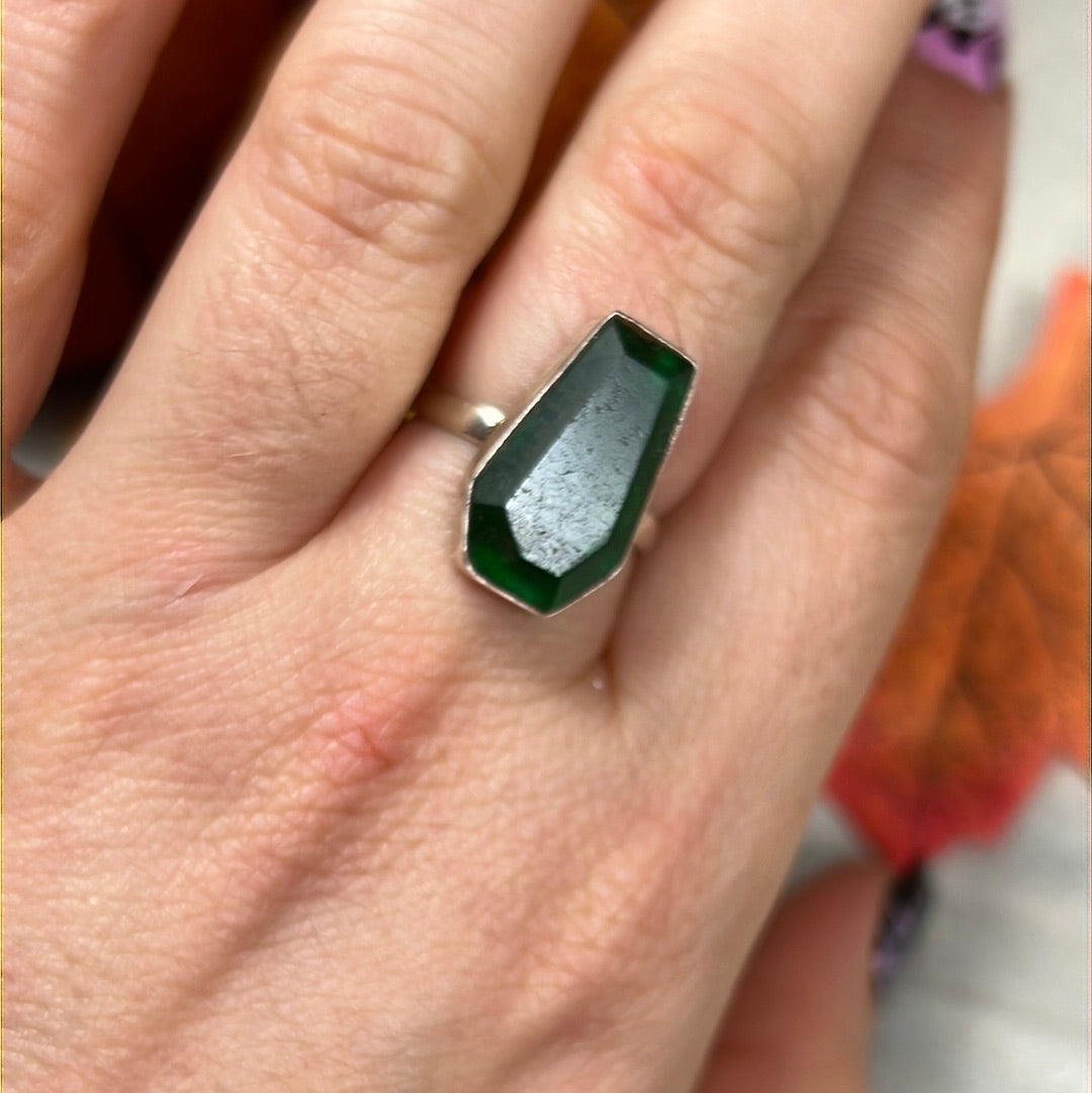 Green Jade Coffin 925 Sterling Silver Ring - Size M