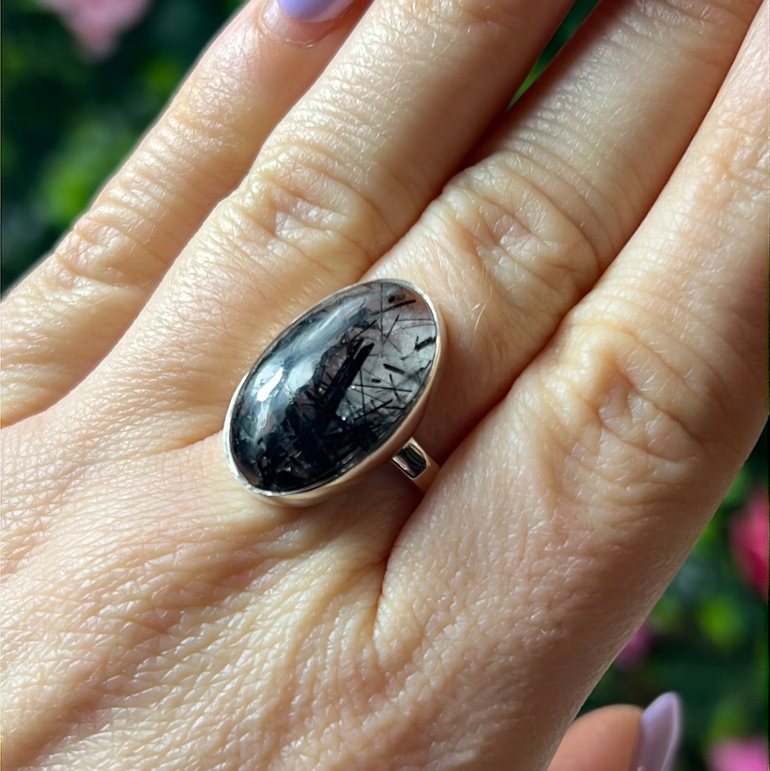 Black Rutilated Quartz 925 Sterling Silver Ring - Size Q
