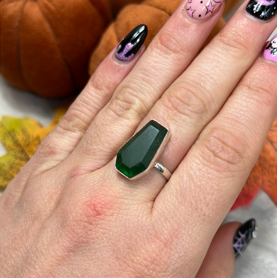 Green Jade Coffin 925 Sterling Silver Ring - Size M