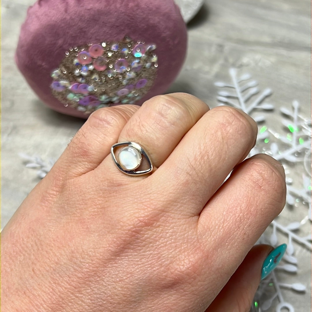 Mother of Pearl Shell Protective Evil Eye 925 Sterling Silver Ring - Size K