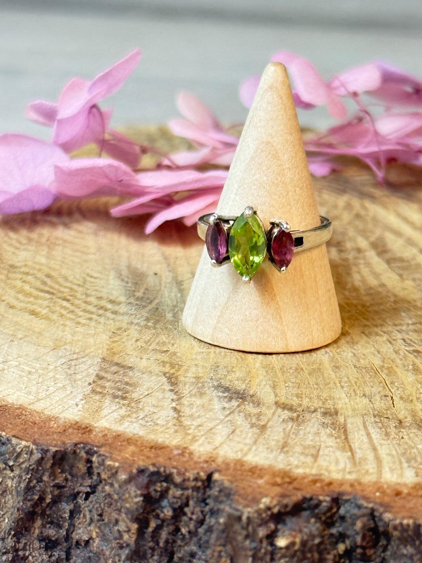 Triple Stone - Rhodolite Garnet / Peridot 925 Silver Ring - Size N 1/2