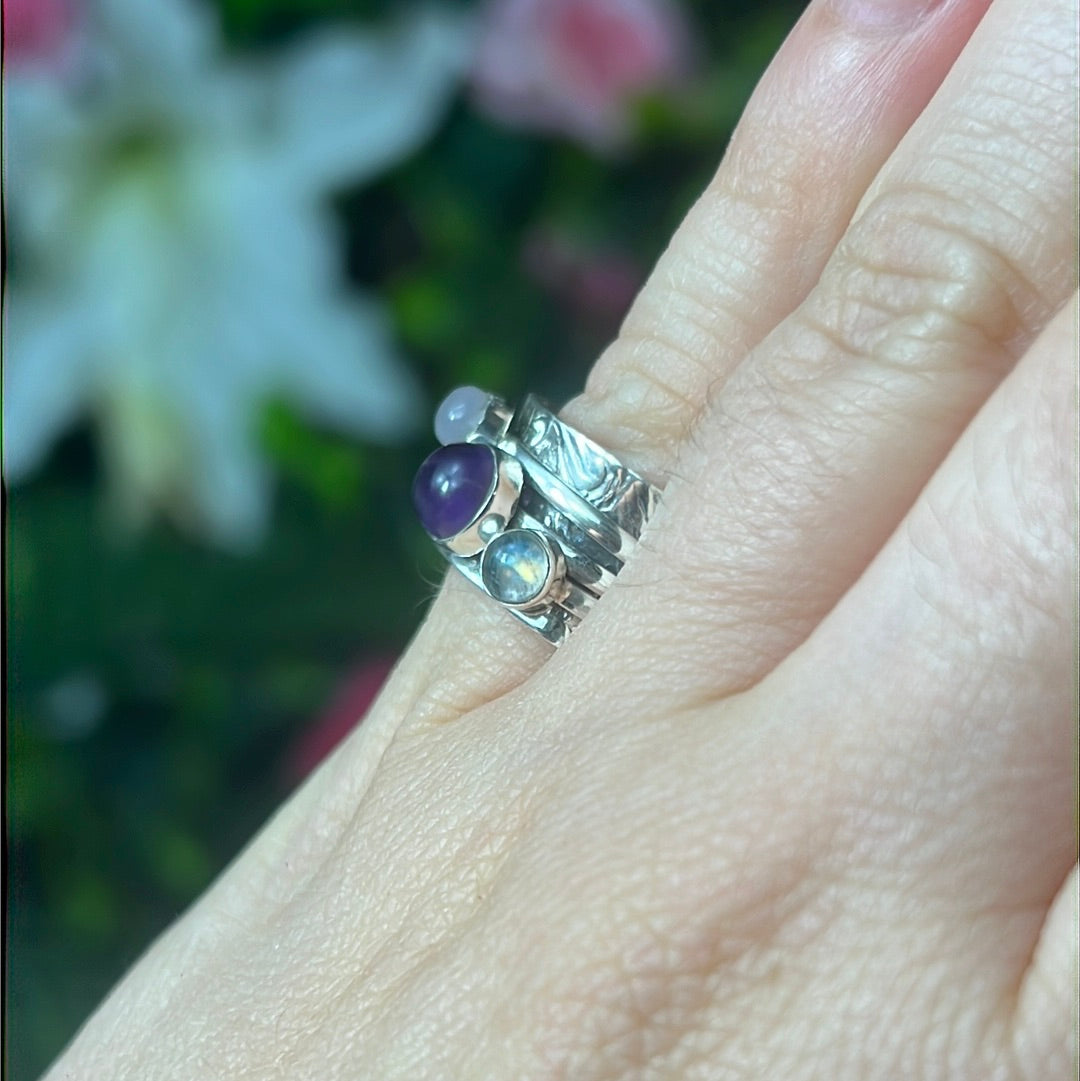 Trio Mix Fidget Spinner Ring - Sterling Silver 925 - Size J 1/2