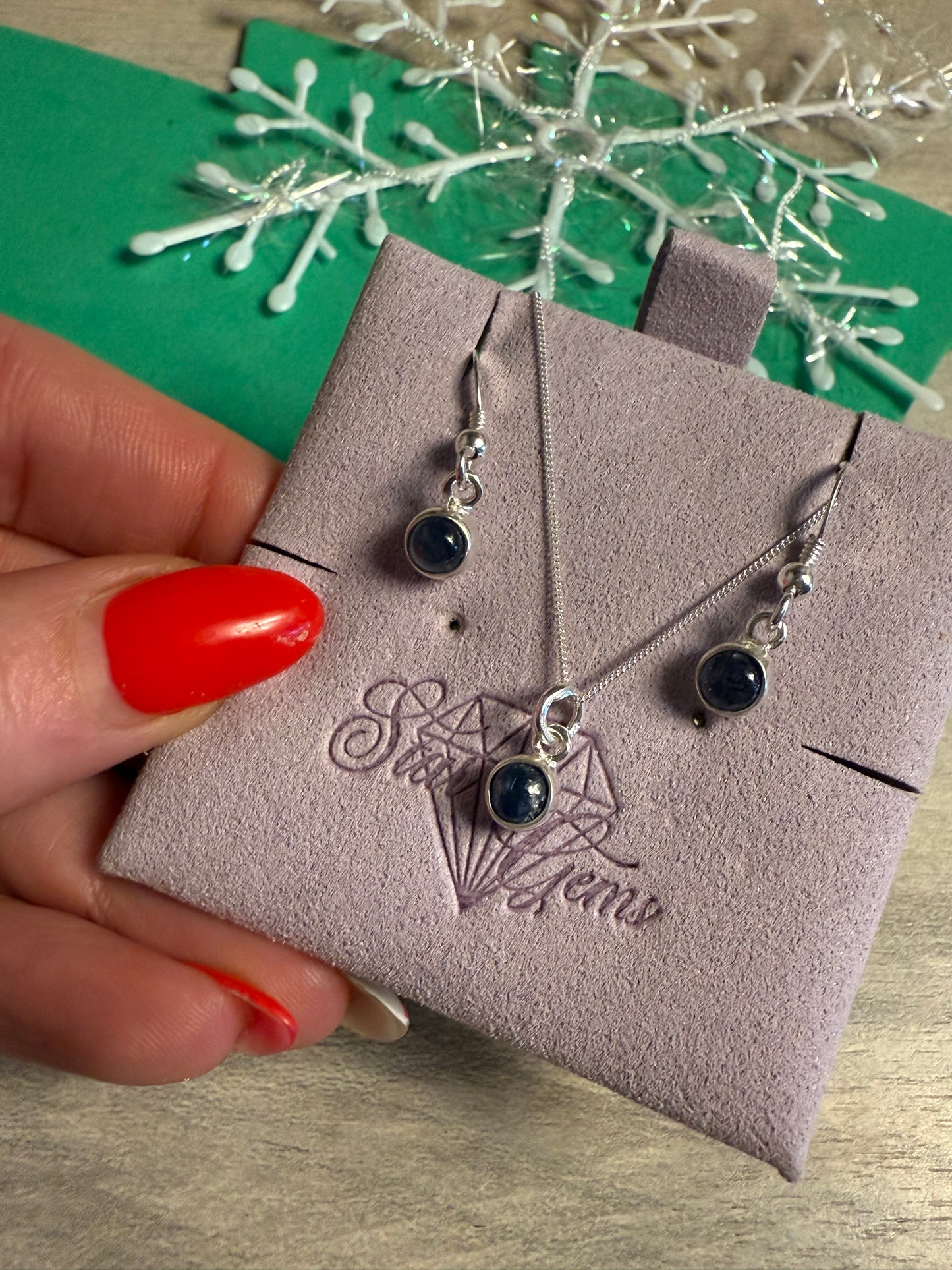 Blue Sapphire Sterling Silver Earring & Necklace Set