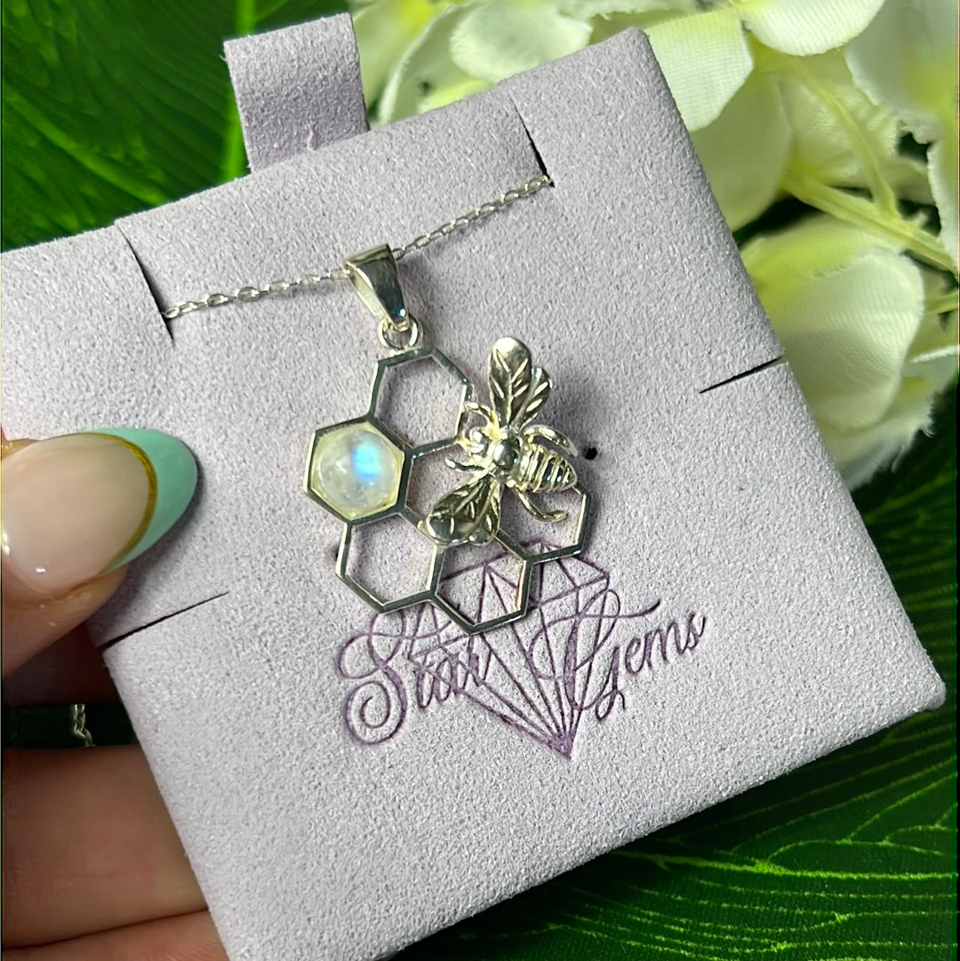 Moonstone Bee Honeycomb 925 Sterling Silver Pendant