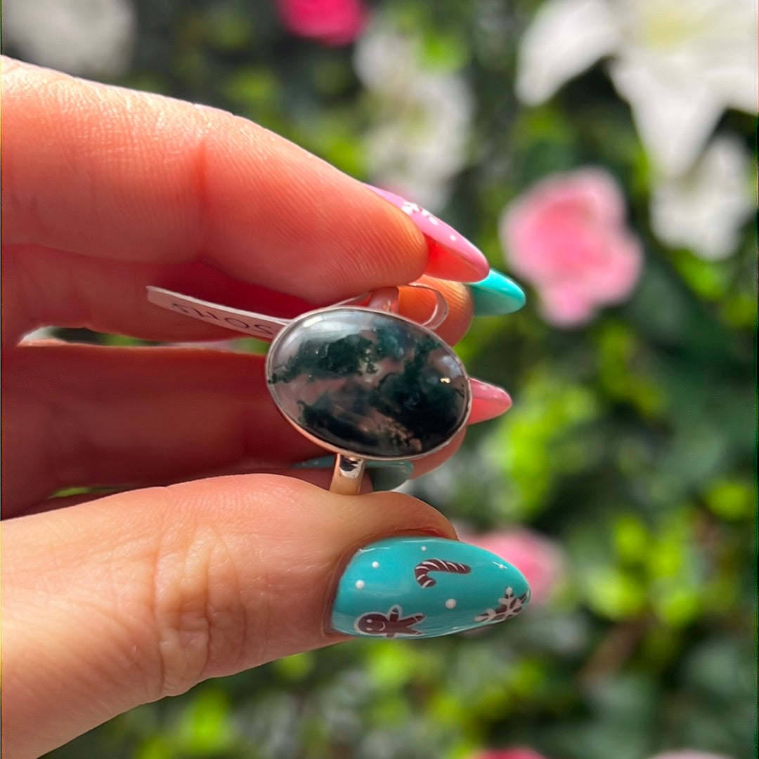 Moss Agate 925 Sterling Silver Ring - Size S