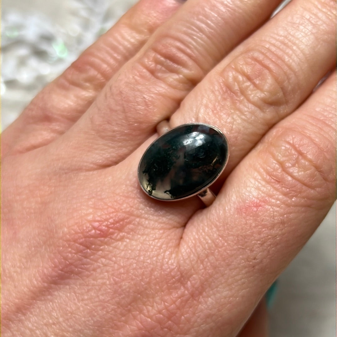 Moss Agate 925 Sterling Silver Ring - Size S
