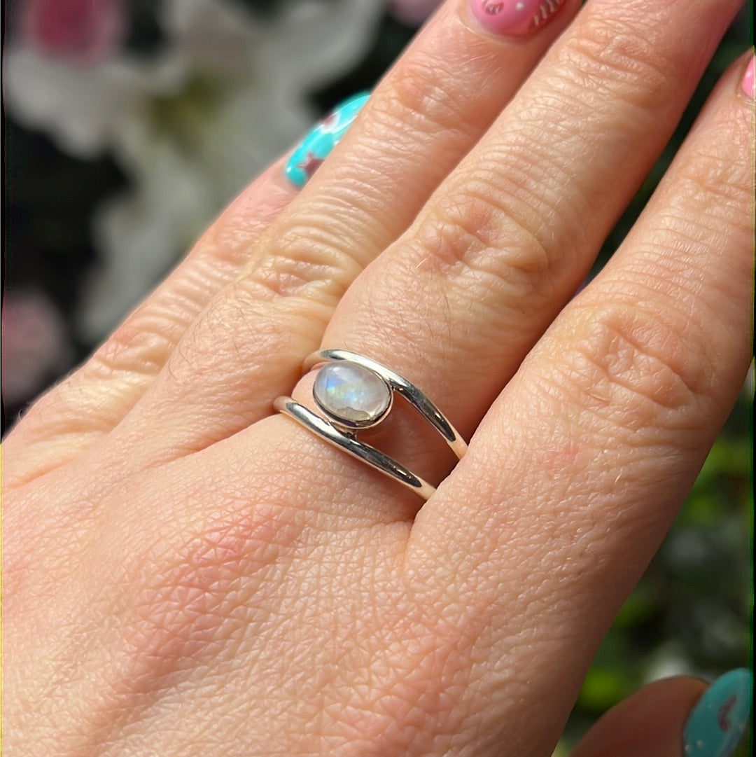 Moonstone Double Bar 925 Sterling Silver Ring - Size S 1/2