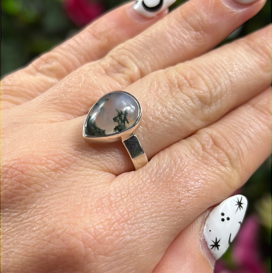 Moss Agate 925 Sterling Silver Ring - Size P 1/2 - Q