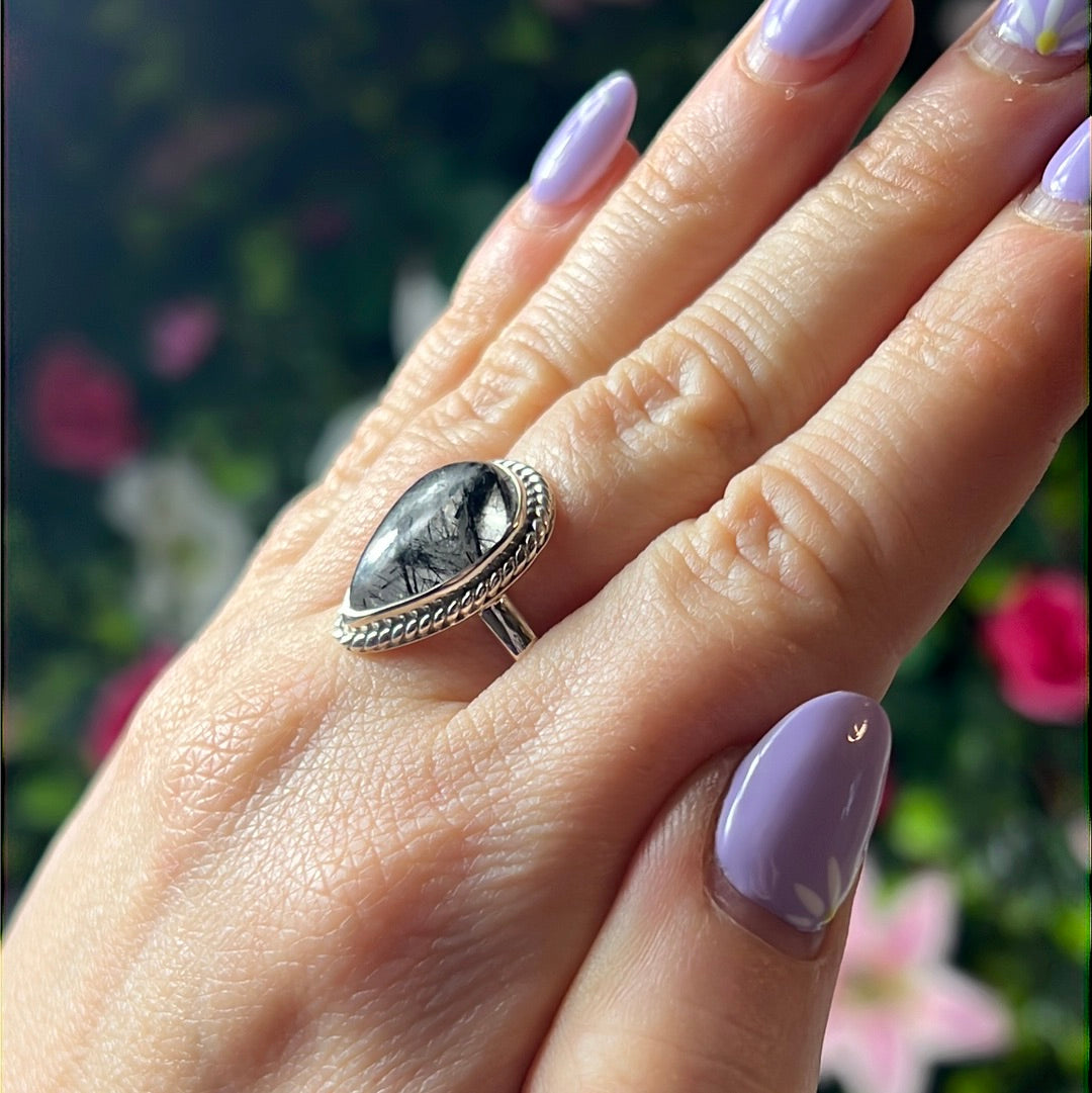 Black Rutilated Quartz 925 Sterling Silver Ring - Size S