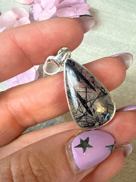 Black Rutile (black tourmaline) in Quartz - 925 Sterling Pendant