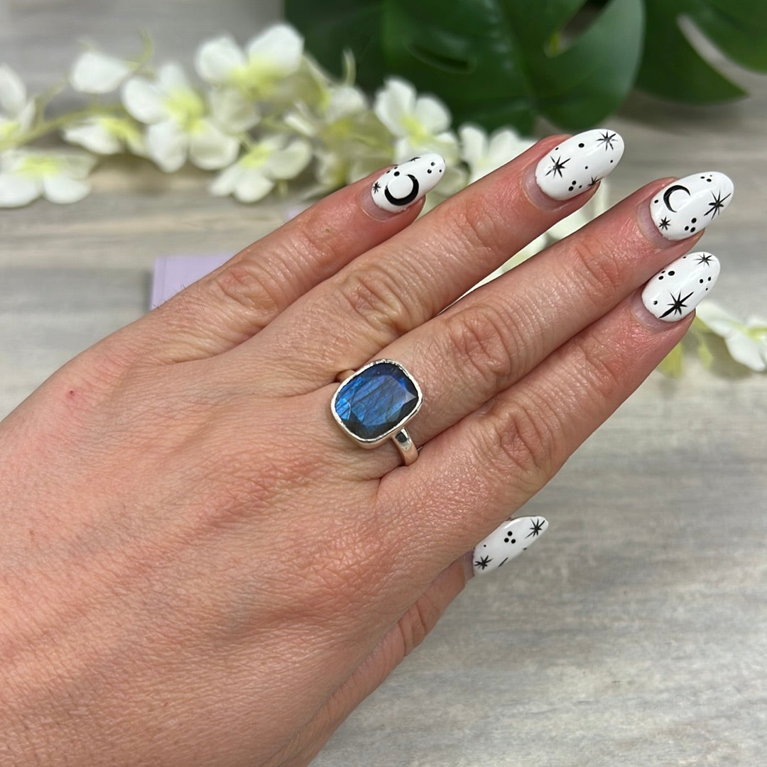 Labradorite Facet 925 Sterling Silver Ring - Size N 1/2