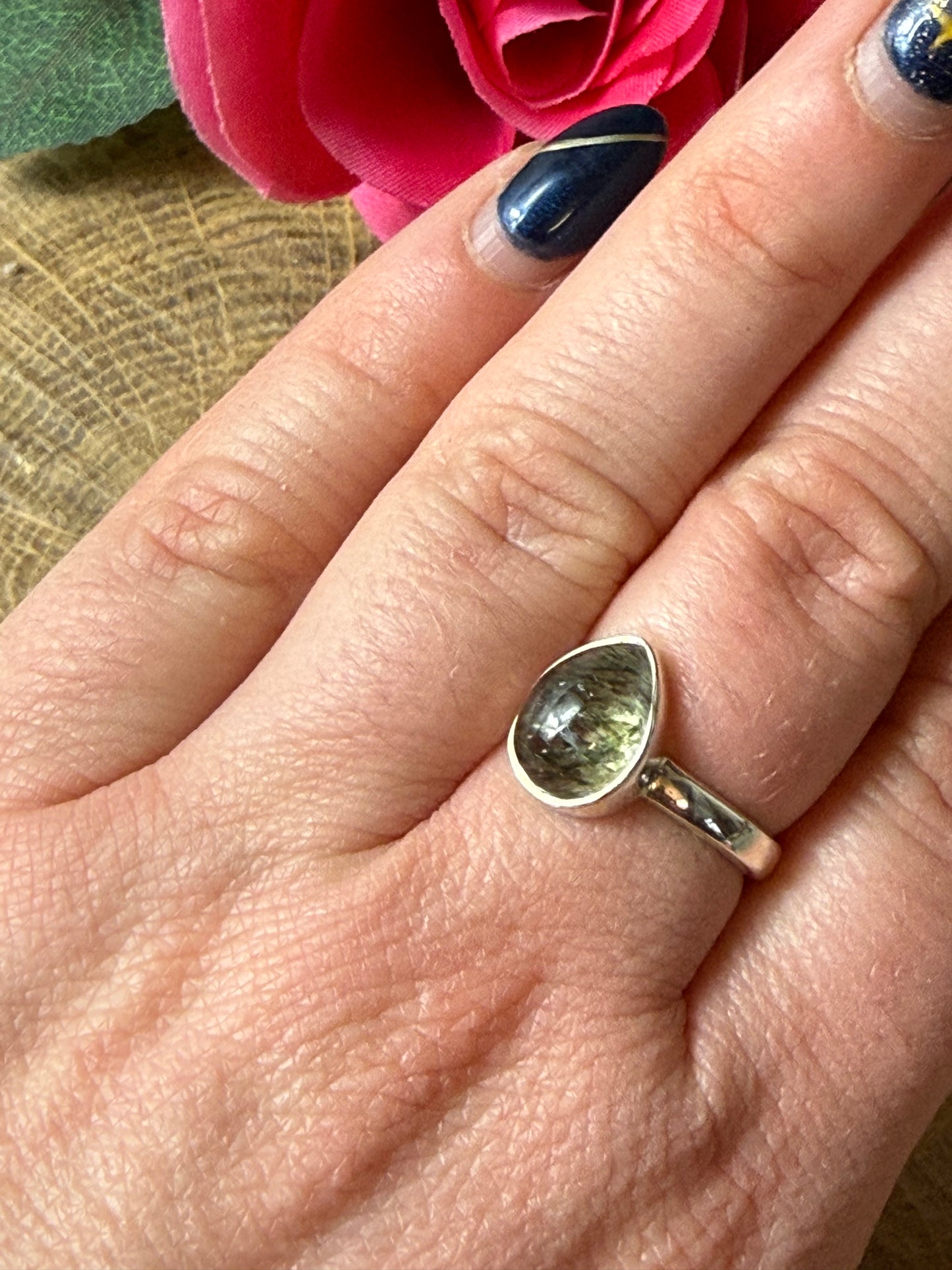 Green Rutile 925 Silver Ring - Size M 1/2 - N