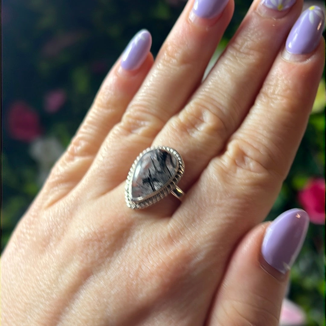 Black Rutilated Quartz 925 Sterling Silver Ring - Size S