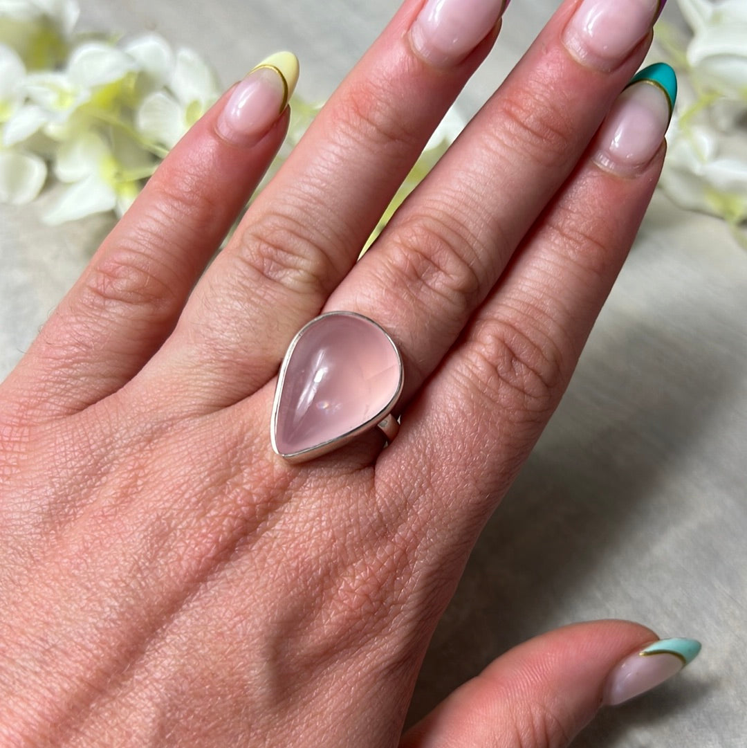 Rose Quartz 925 Silver Ring -  Size S 1/2