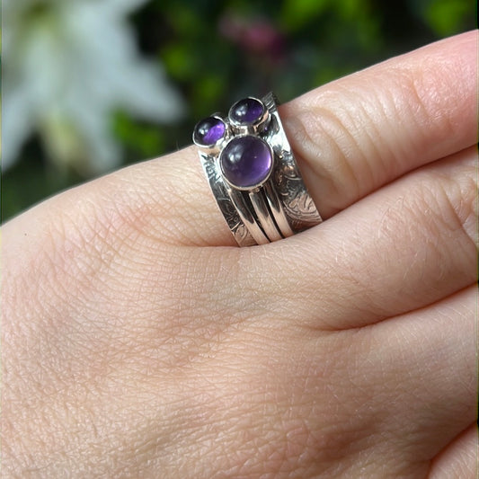 Trio Amethyst Fidget Spinner Ring - Sterling Silver 925 Size J 1/2