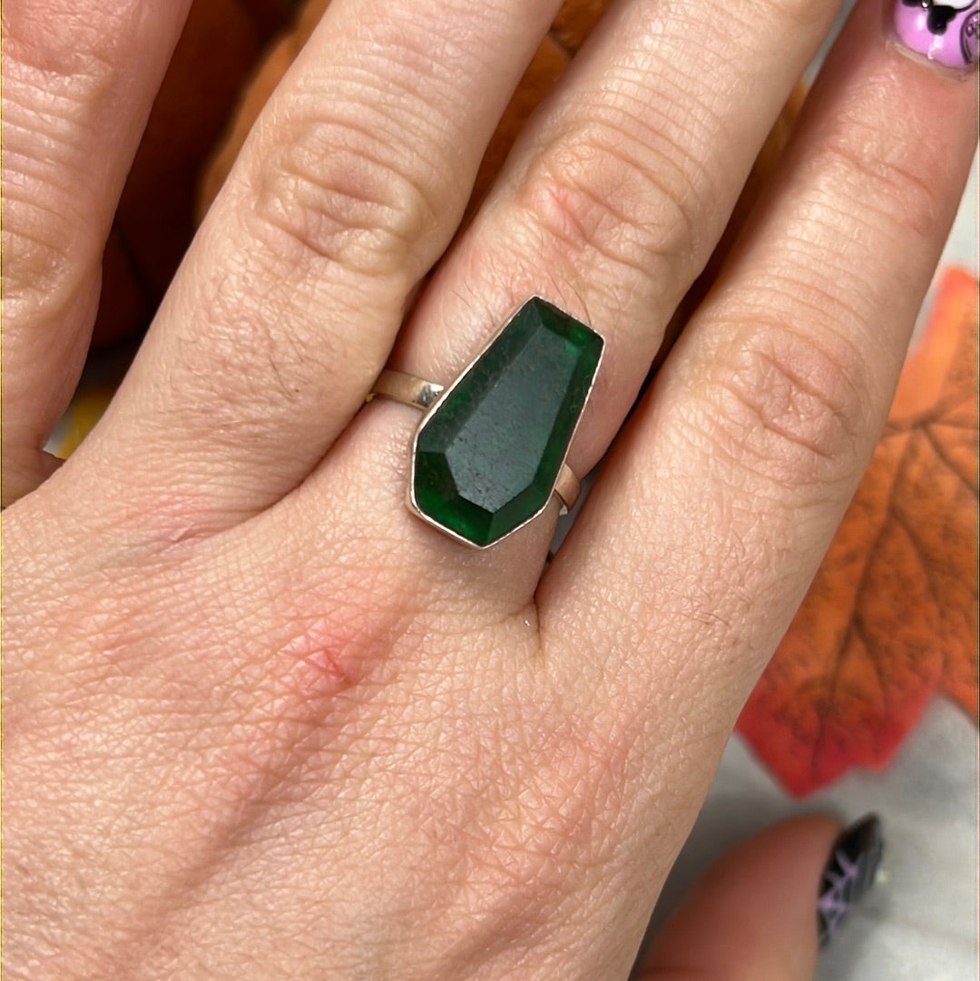 Green Jade Coffin 925 Sterling Silver Ring - Size M