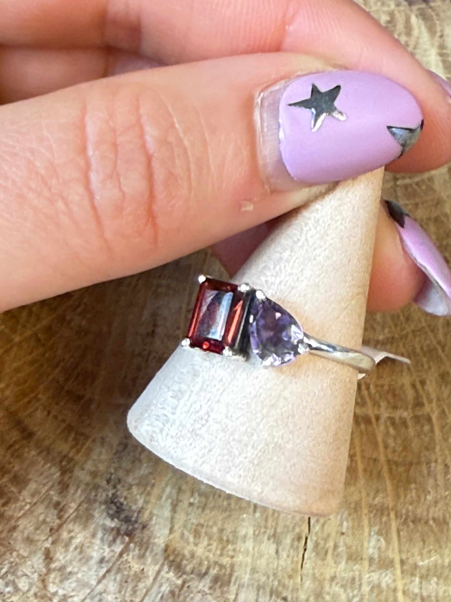 Duo Double Stone - Amethyst / Garnet 925 Silver Ring - Size Q