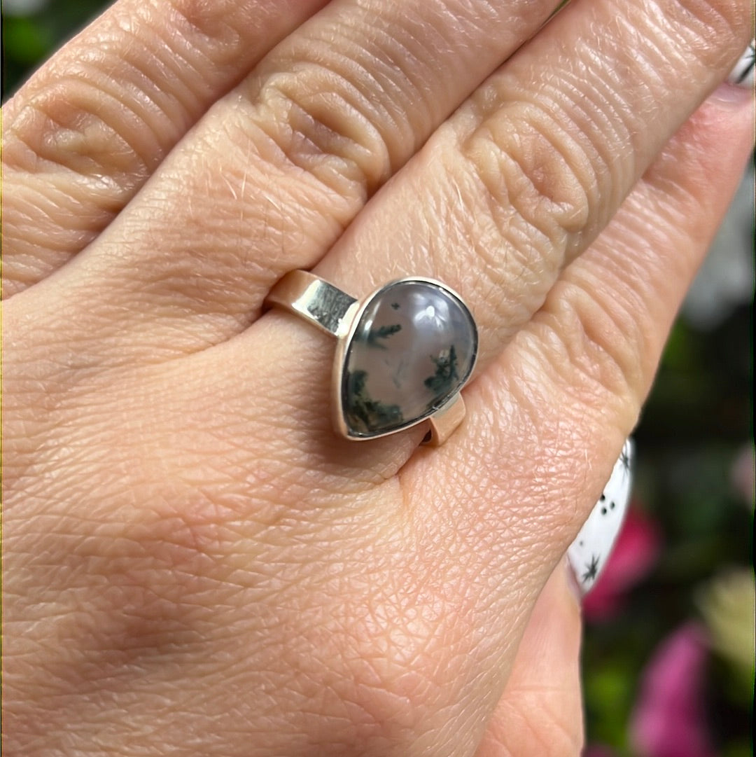 Moss Agate 925 Sterling Silver Ring - Size P 1/2 - Q