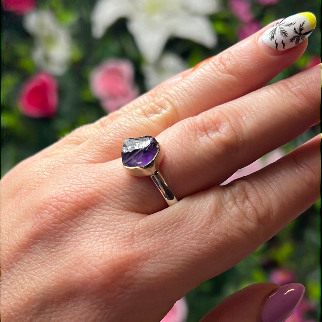 Amethyst Raw 925 Sterling Silver Ring - Size R 1/2