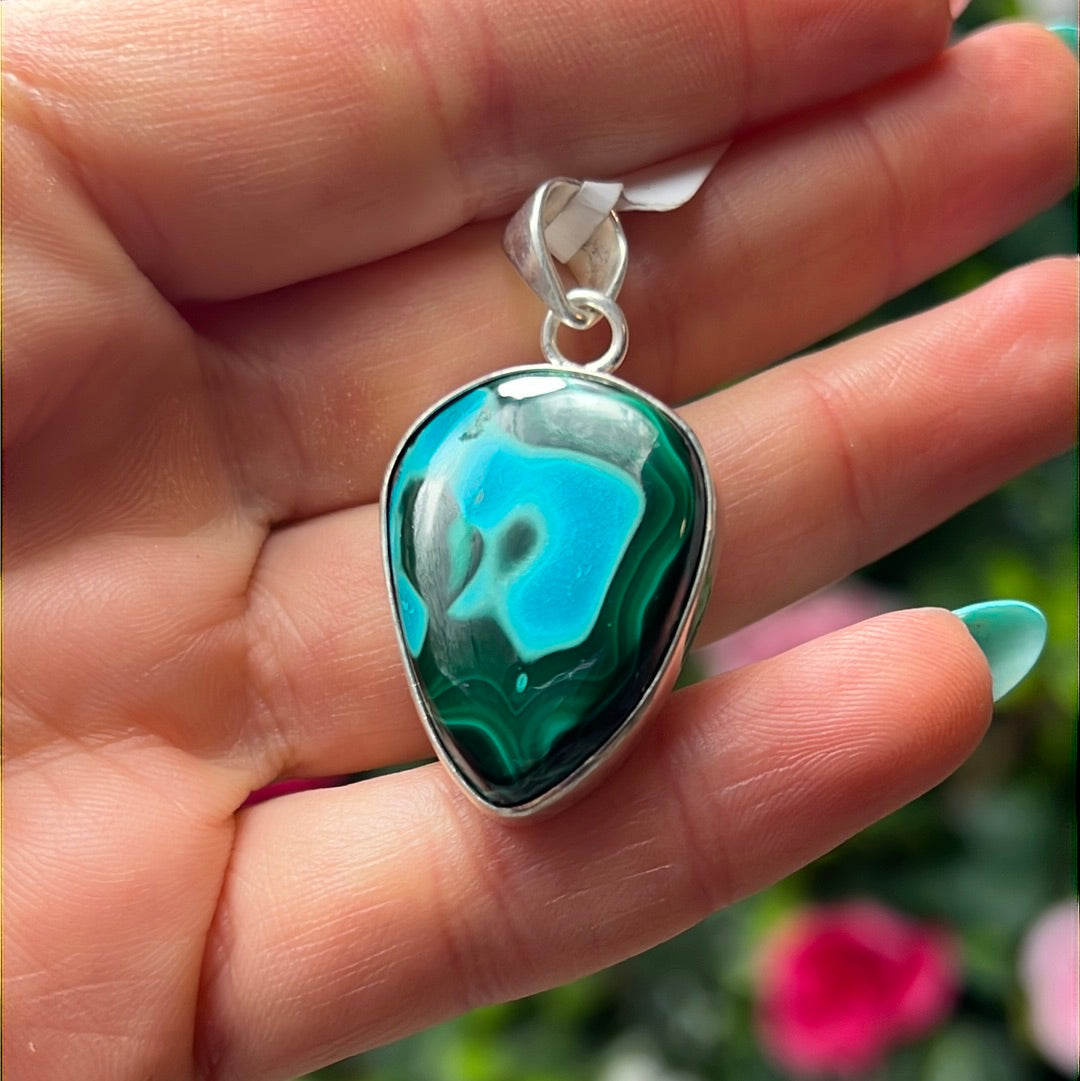 Mallacholla malachite with chrysocolla Sterling Silver Pendant