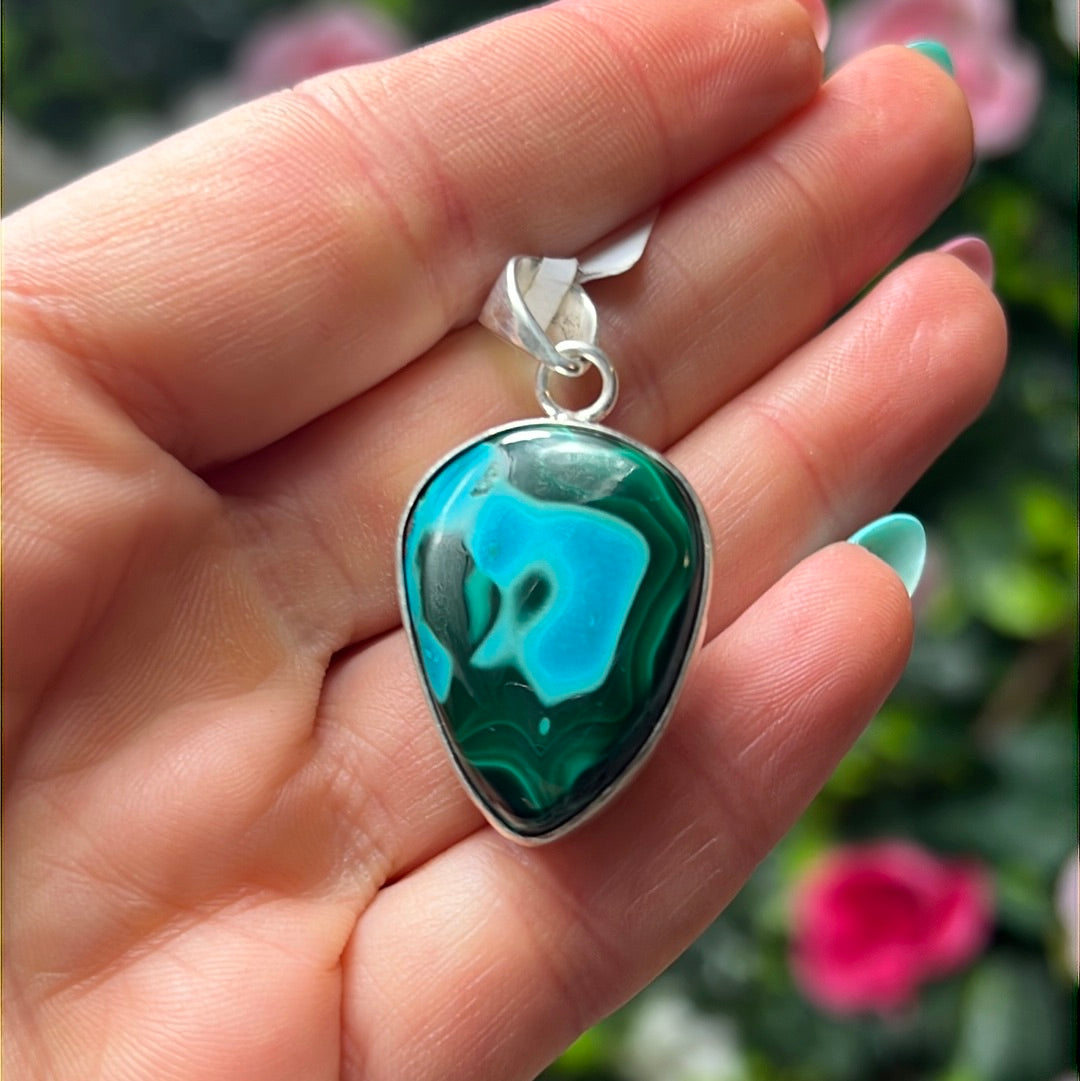 Mallacholla malachite with chrysocolla Sterling Silver Pendant