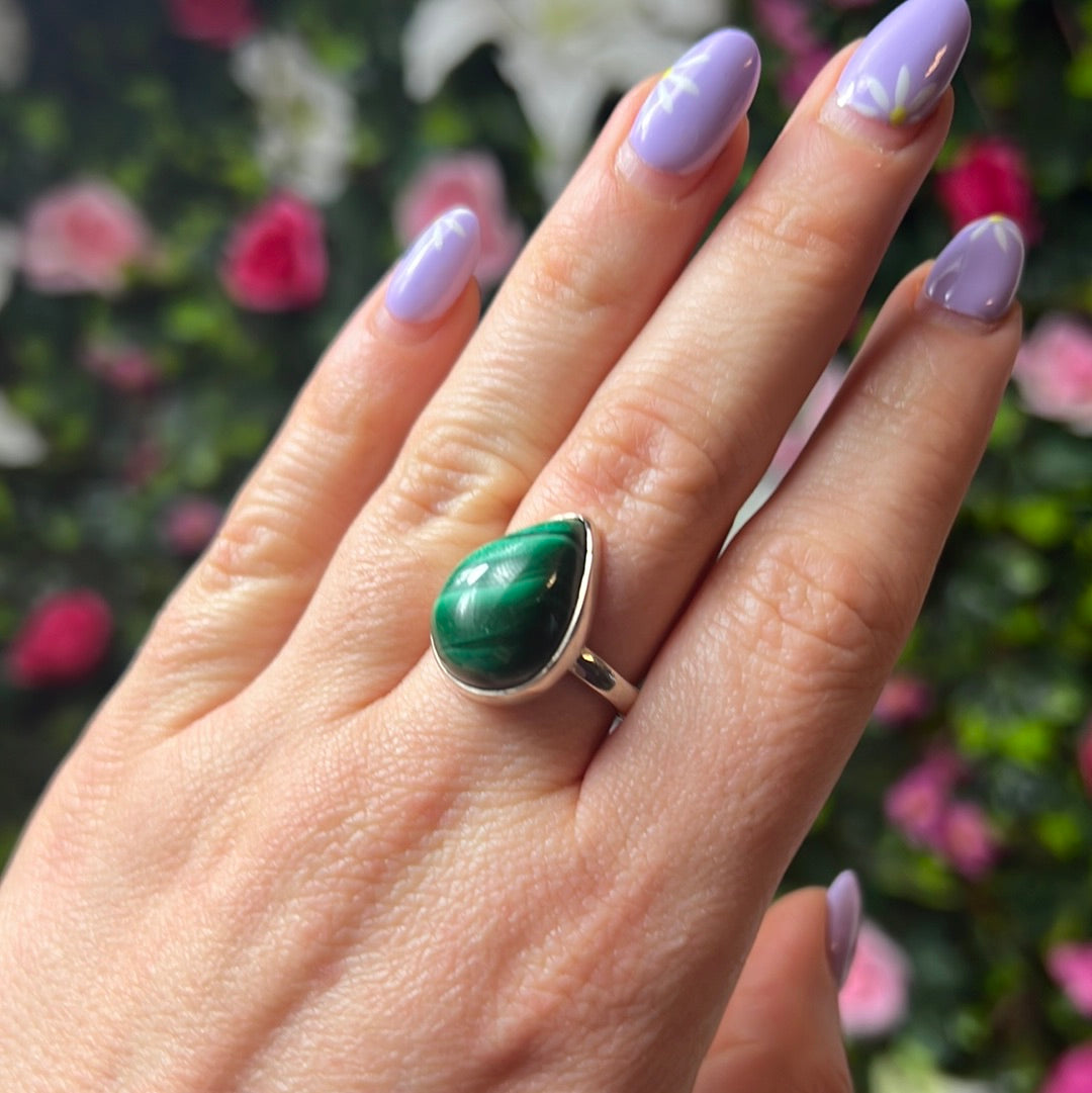 Malachite 925 Sterling Silver Ring -  Size N 1/2