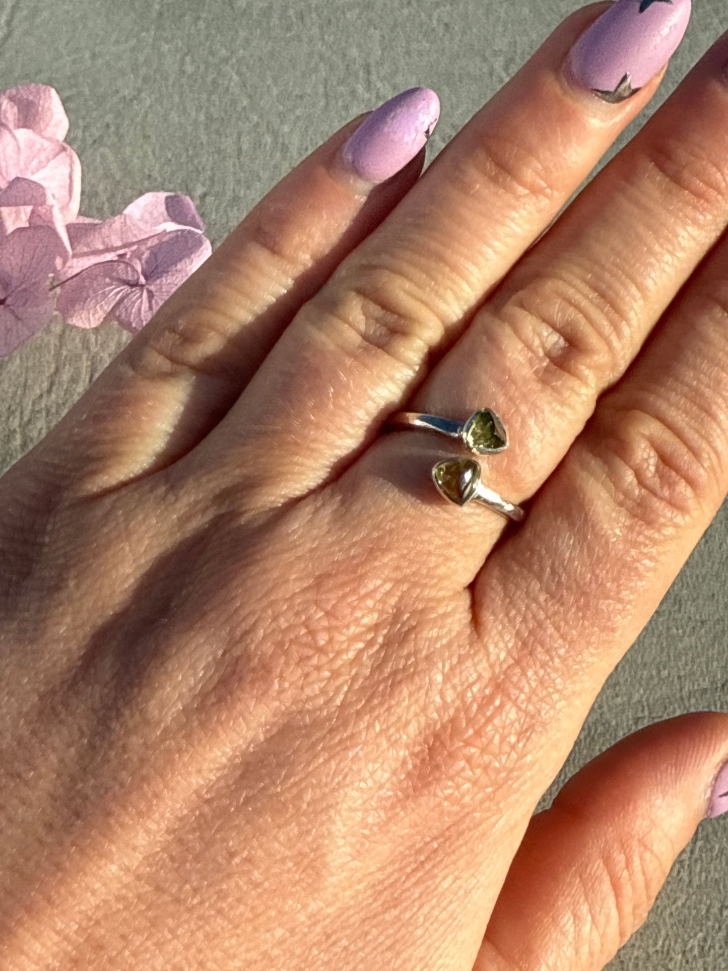 Adjustable Double Peridot 925 Silver Ring