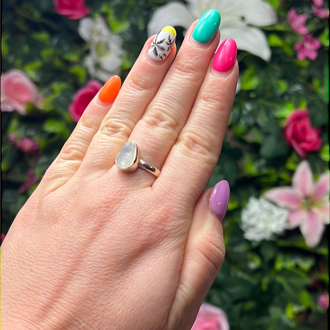 Rainbow Moonstone Raw 925 Sterling Silver Ring - Size O