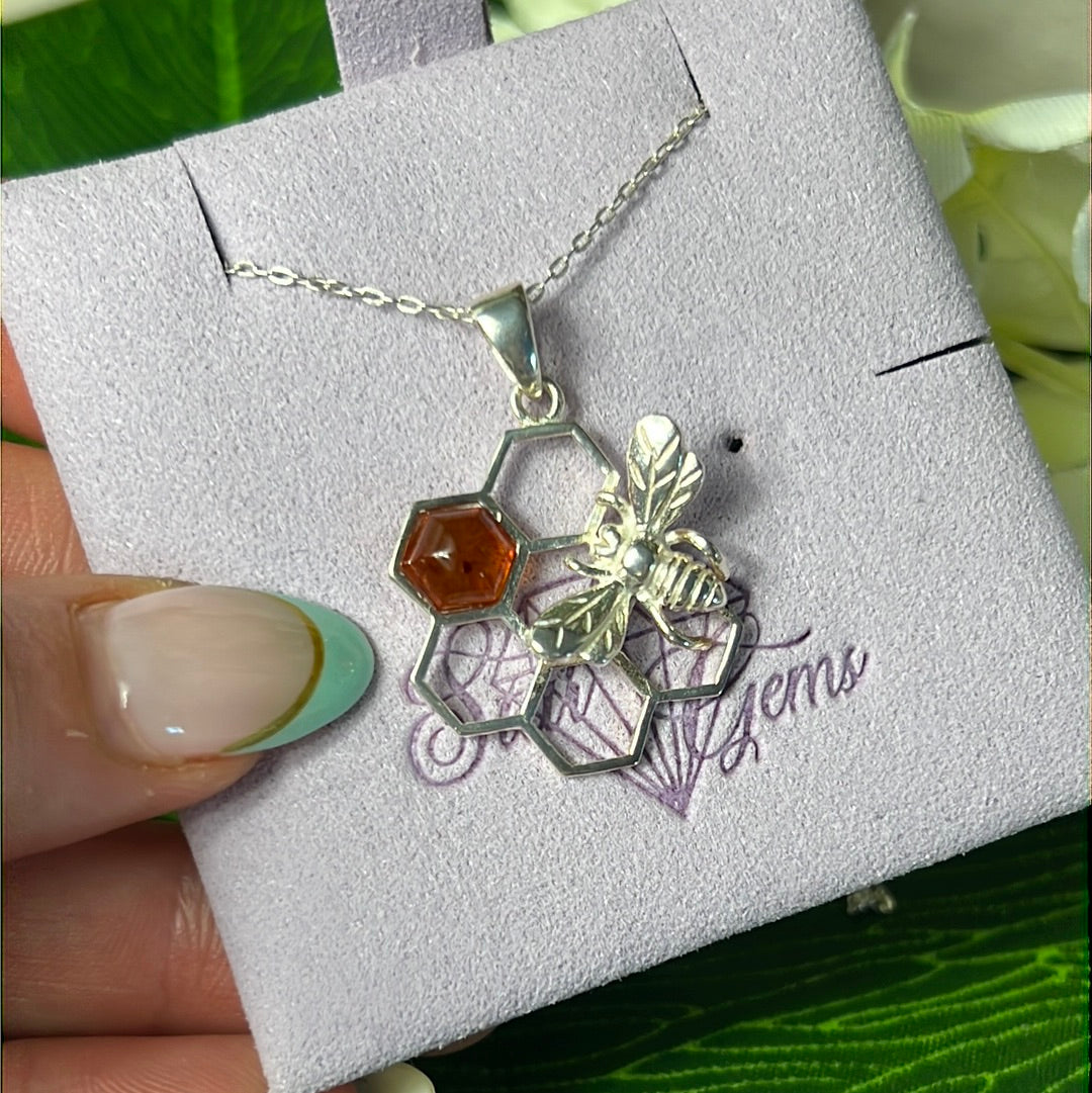 Amber Bee Honeycomb 925 Sterling Silver Pendant