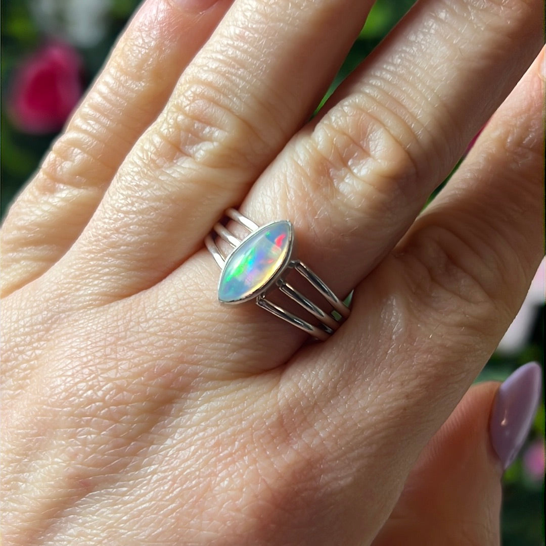 Ethiopian Opal 3 Bar 925 Sterling Silver Ring - Size Q