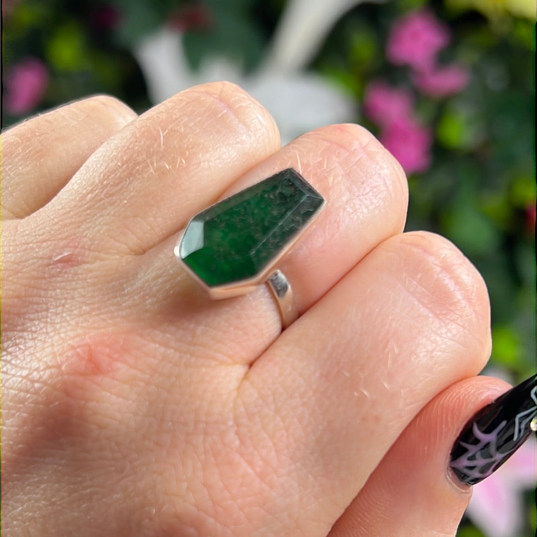 Green Jade Coffin 925 Sterling Silver Ring - Size M