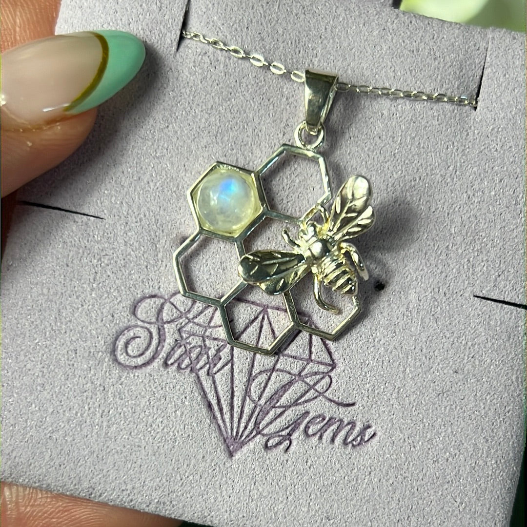 Moonstone Bee Honeycomb 925 Sterling Silver Pendant