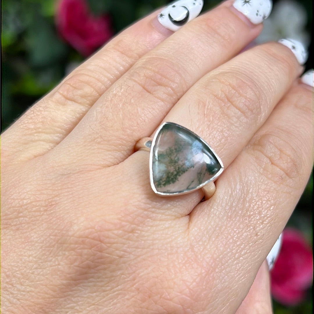 Moss Agate 925 Sterling Silver Ring - Size P 1/2 - Q