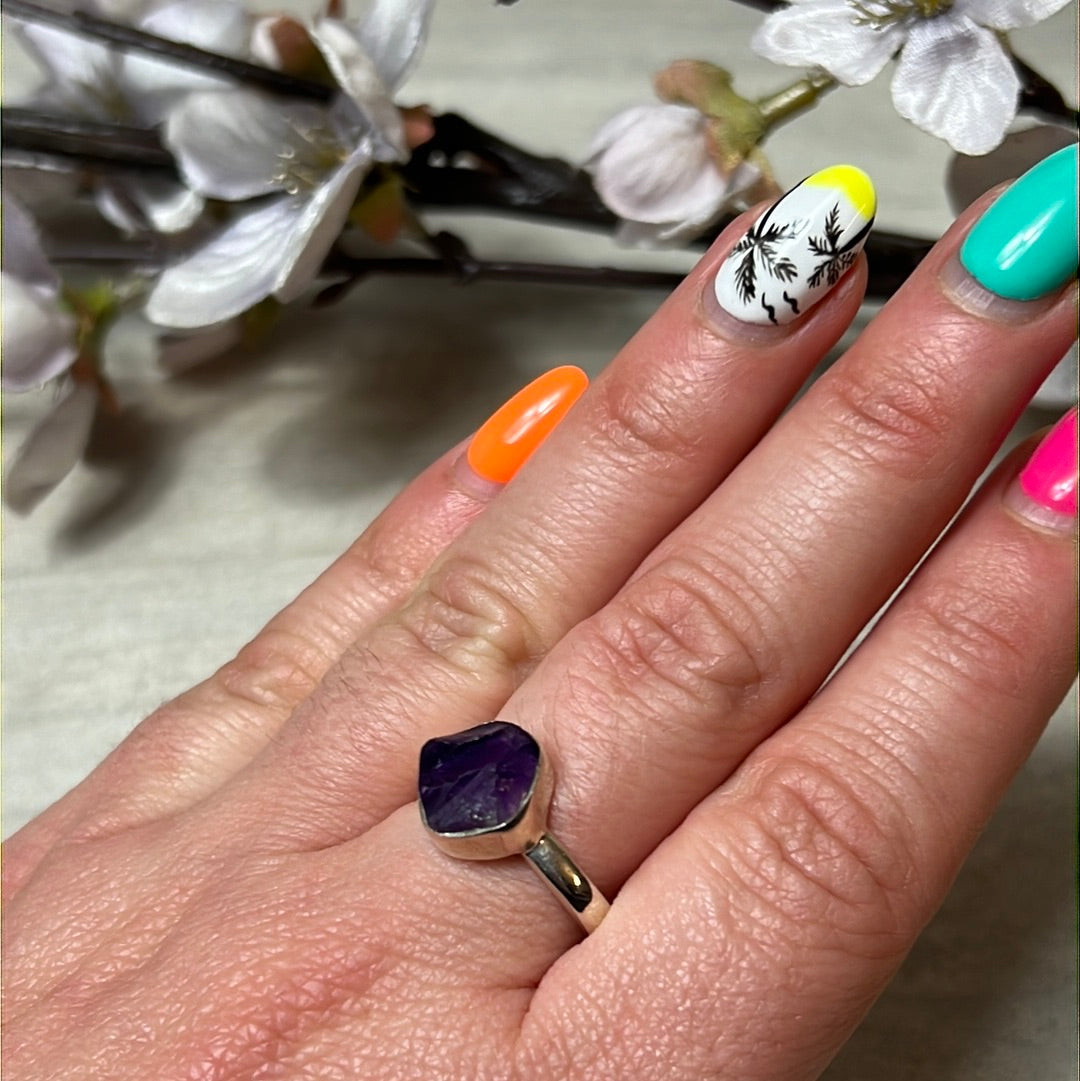 Amethyst Raw 925 Sterling Silver Ring - Size R 1/2