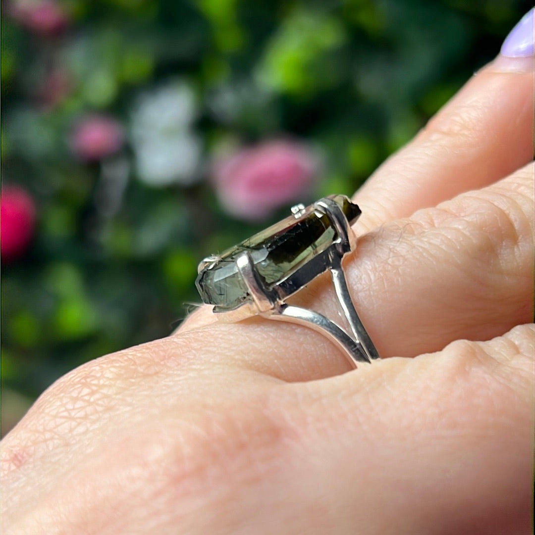 Prehnite & Epidote Coffin 925 Sterling Silver Ring - Size Q 1/2